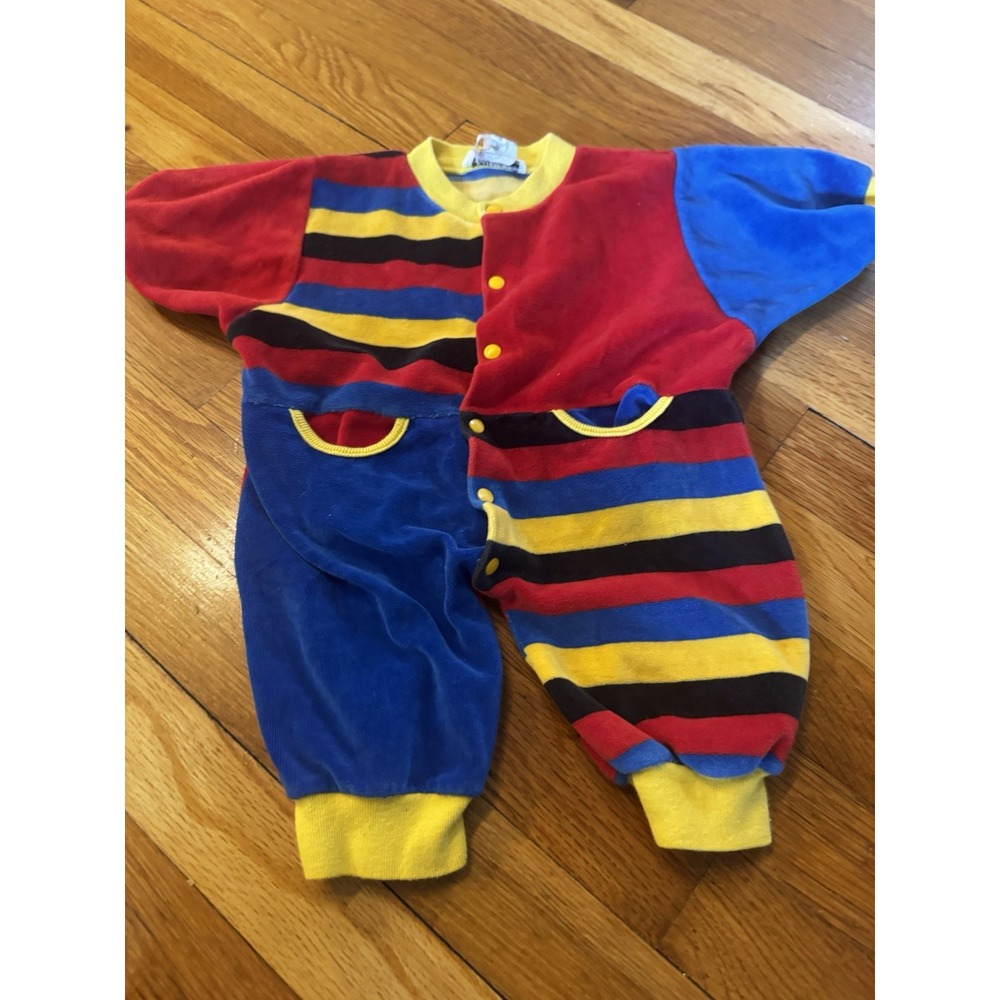 Vintage Saks 5th Avenue Baby Striped‎ Bubble Romper 3M Velour Unisex Red Blue